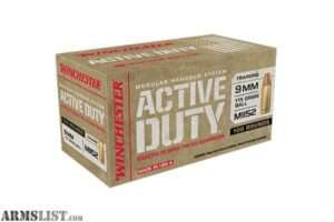 Winchester Active Duty 9mm 115 Grain Ball 100 Round Box